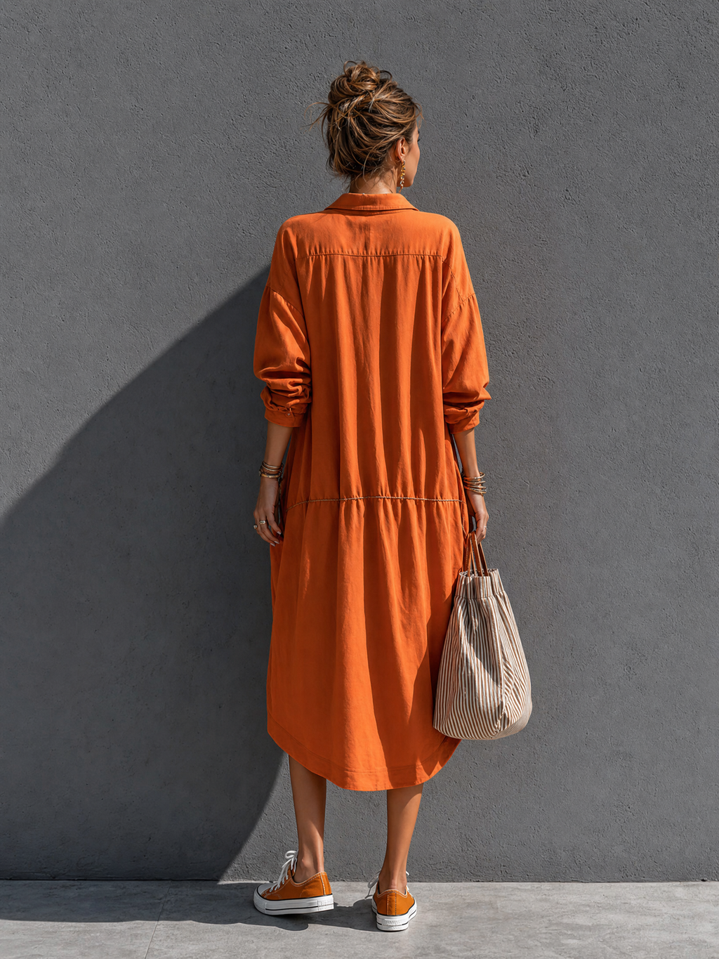 Women's Vacation Casual Orange Cotton Blend Lapel Drawstring Waist Irregular Midi Dress MDZ1019G8GMJ