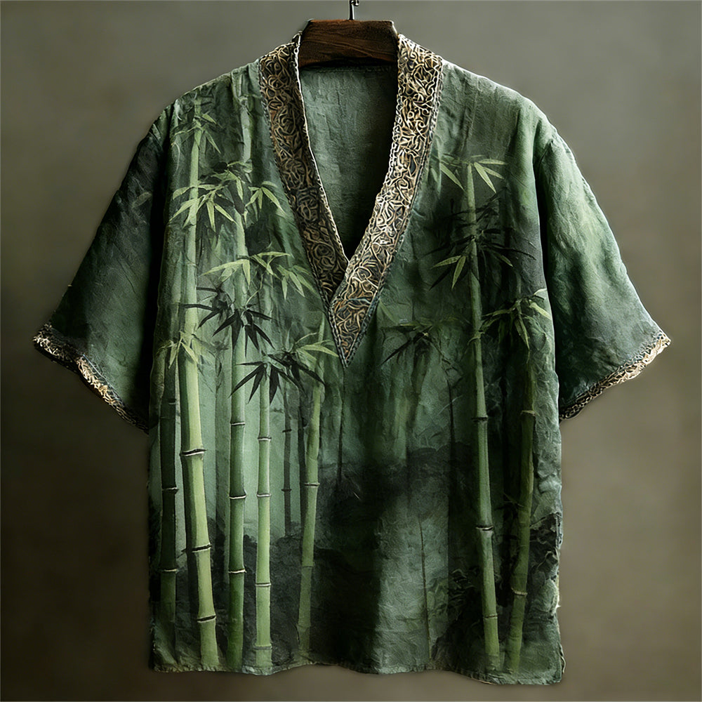 Japanese Bamboo Pattern Linen Short Sleeve V-neck Shirt