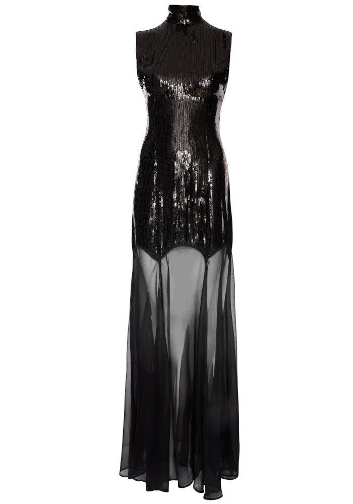 Sequin Mesh Insert Maxi Dress Black