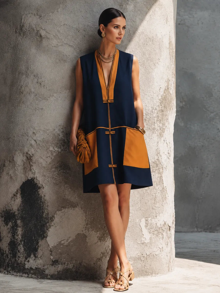 Women's Luxury Resort Style Navy Blue Cotton Blend Color Block Frog Button Sleeveless Mini Dress MDZ3005F3GMJ