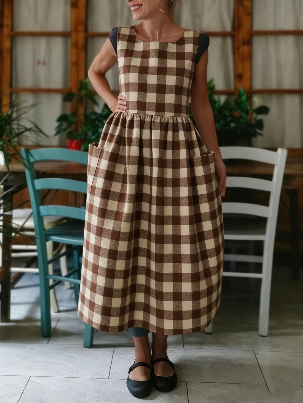 Warm Brown & Cream Gingham Apron