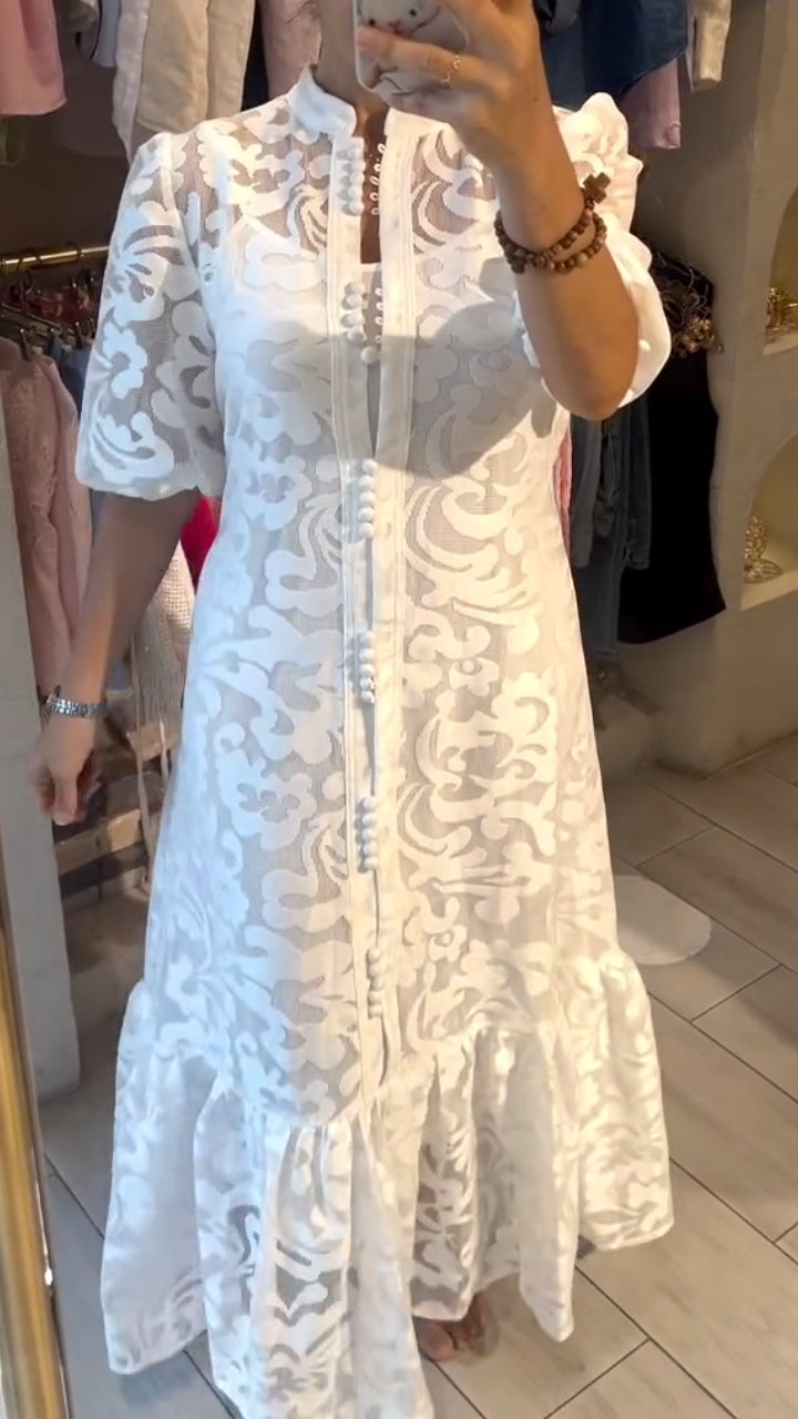 Vintage French Cottagecore Lace Maxi Dress