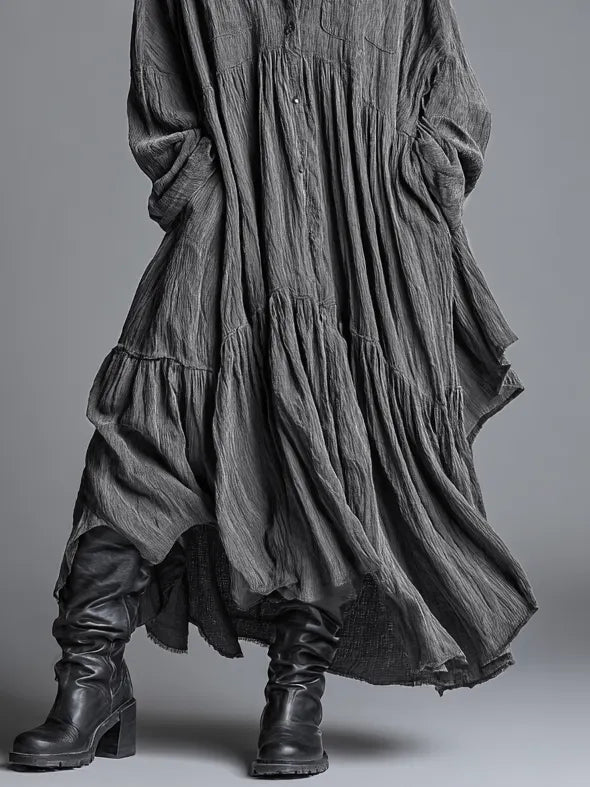 Women's Cotton And Linen Blend Loose Washed Shirt Maxi Dress