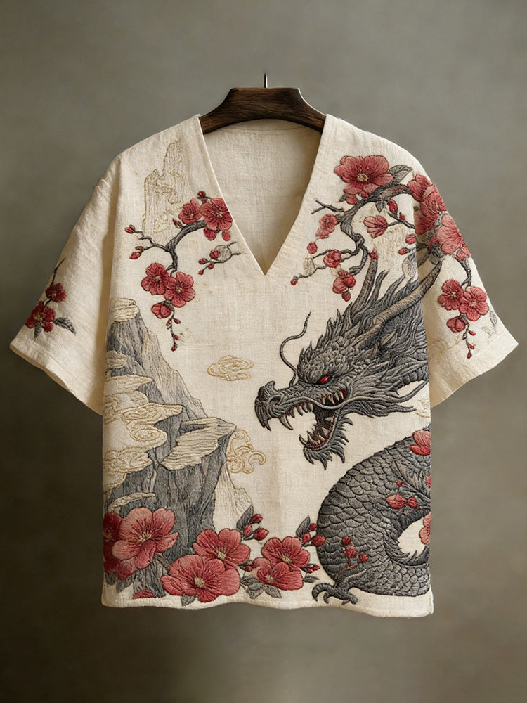 Men's Japanese-style Linen Short-sleeved V-neck Shirt With Dragon And Floral Pattern