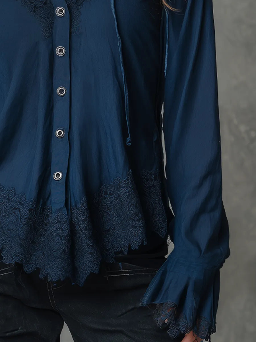Relaxed Navy Lace Trim Hooded Blouse