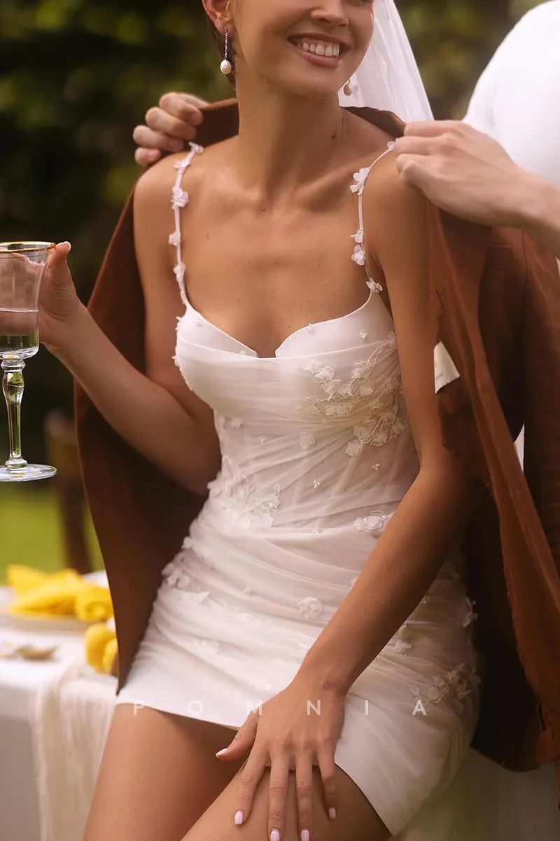 P3199 - Spaghetti Straps Sleeveless Pleated Appliques Short Bohemian Wedding Dress