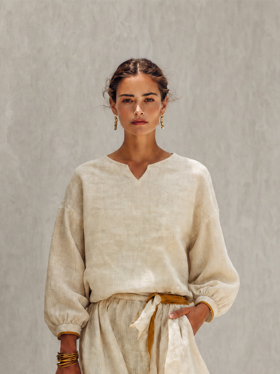 Women's Resort-Style Beige Split Round-Neck Bishop-Sleeve Belted Linen Top & Maxi Skirt Set MDZ1052G1CMX