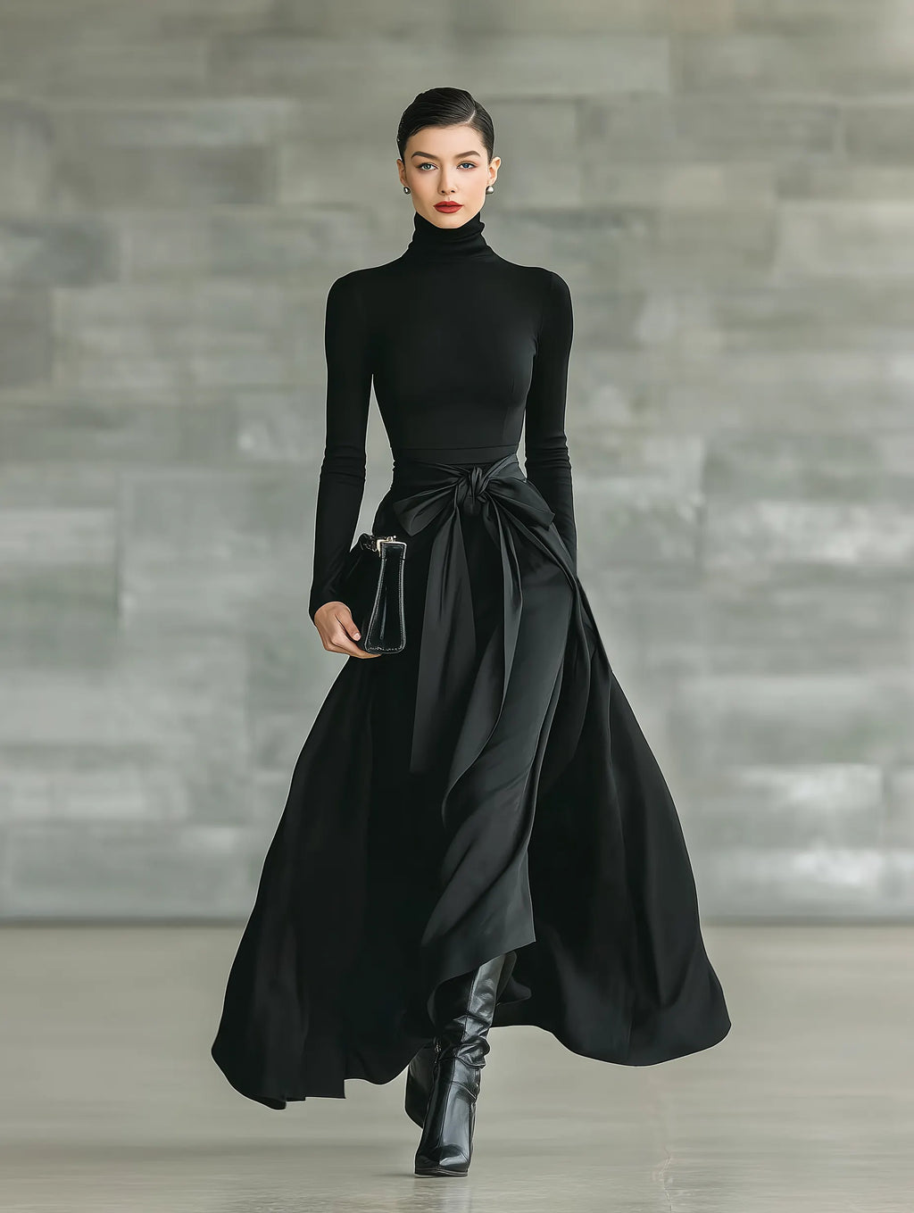 Women's Black High-Neck High-Stretch Knitted And Satin Flared Maxi Dress MDA2851J4T