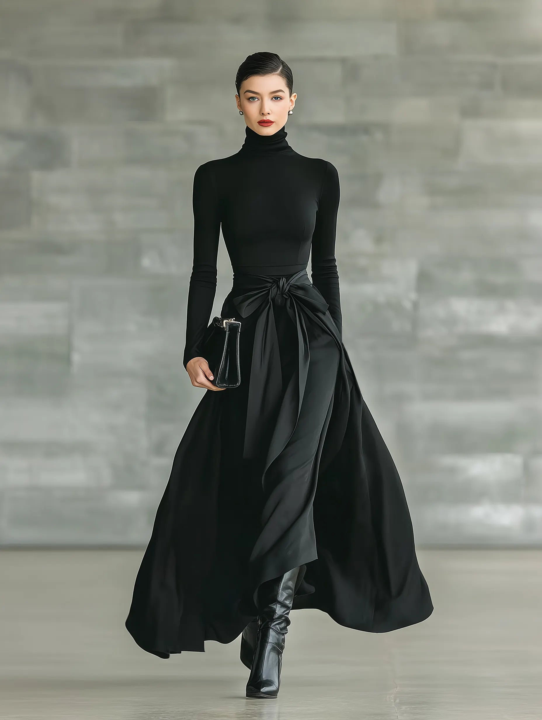 Women's Black High-Neck High-Stretch Knitted And Satin Flared Maxi Dress MDA2851J4T