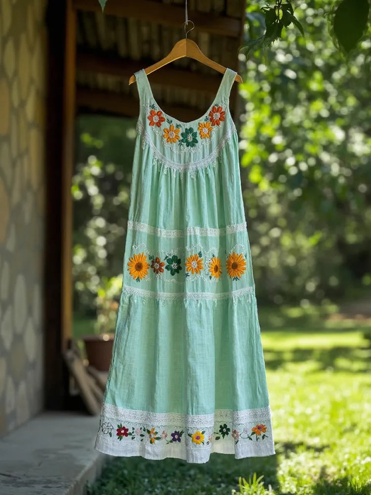 Women's Vintage Bohemian Floral Panel Sleeveless Dress