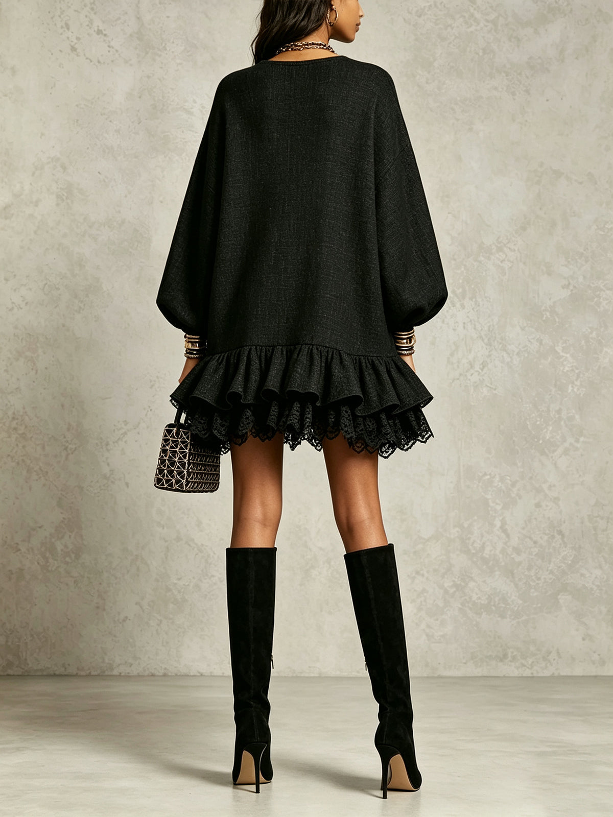 Black Leopard Heart Lace Trim Mini Dress