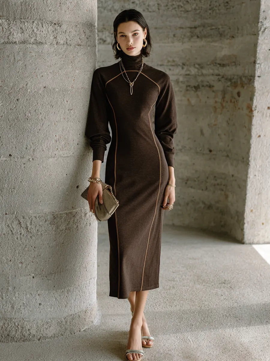 Women's Elegant Slim Dark Brown Cotton Blend Turtleneck Contrast Stitch Lantern Sleeve Midi Dress MDZ1512G9GMJ