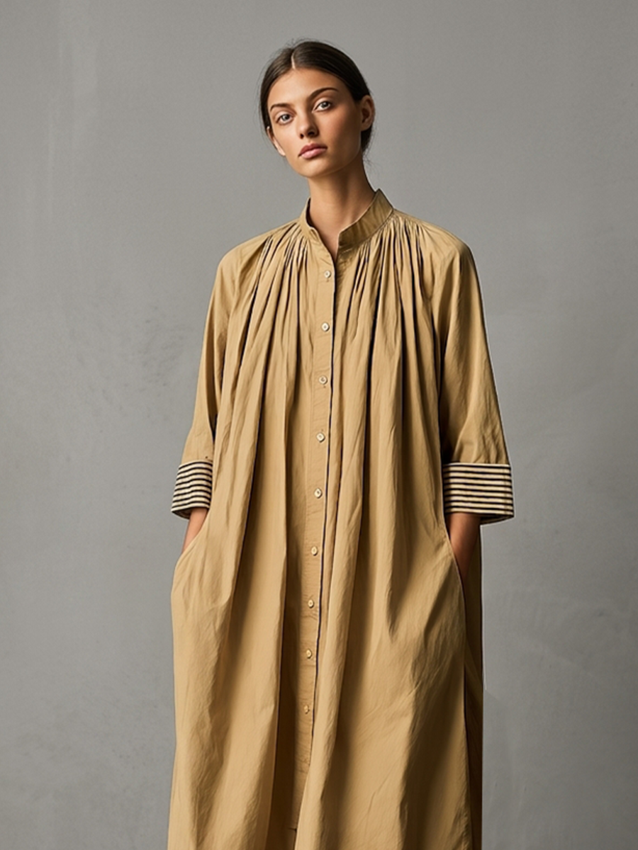Women's Khaki Cotton Midi Shirt Dress With Stand Collar Gathered Neck & Striped Cuff Three Quarter Sleeves, Lagenlook Loose Casual Midi Dress MDZ1476G7LYL