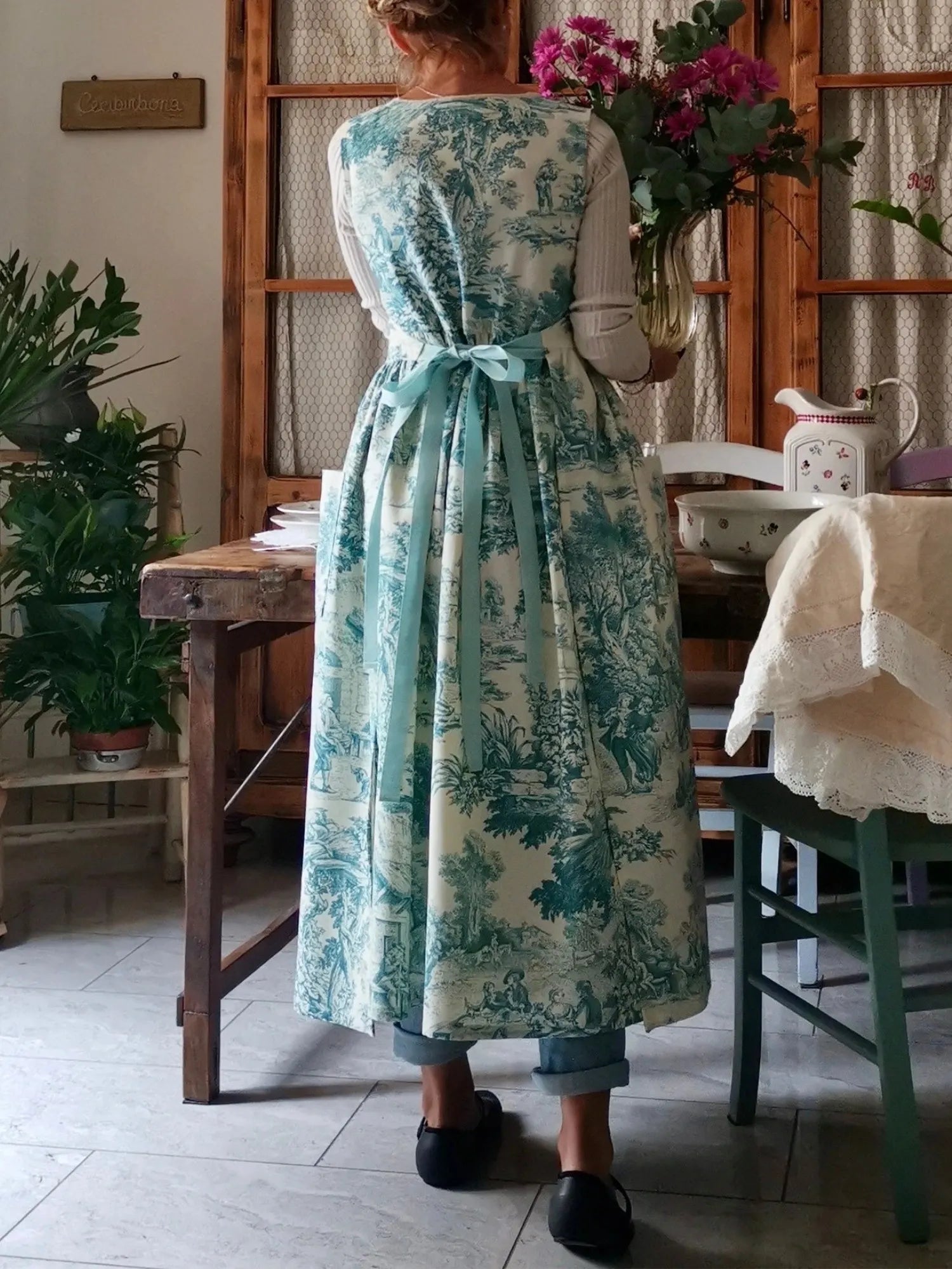 Vintage Teal Blue Toile de Jouy Long Apron
