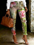 Women's Floral Gradient Leopard Print Art Ripped Skinny Jeans