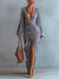 Purple Cotton Crinkled Deep V-Neck 3D Floral Maxi Dress