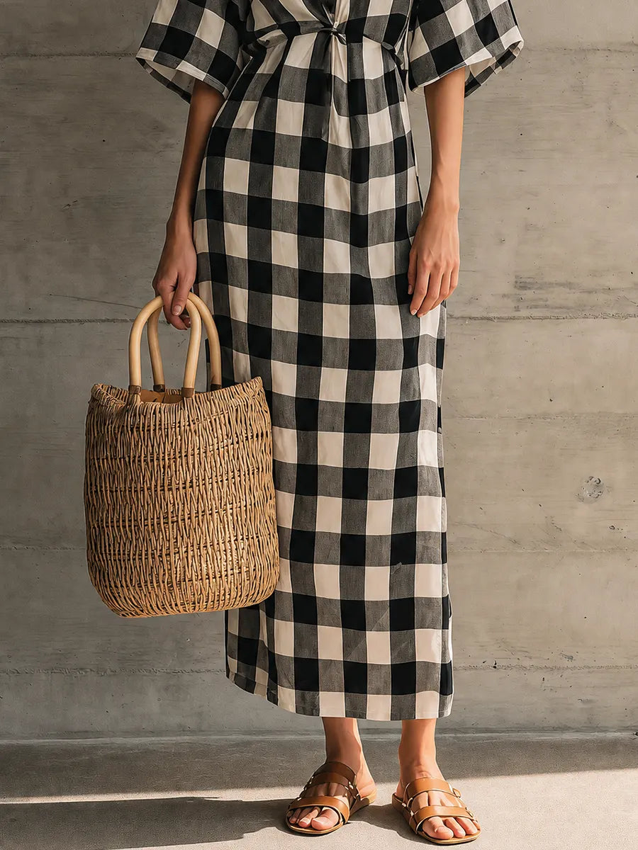Women’s Black White Gingham Keyhole Tie Neck Raglan Short Sleeve Front Twist Waist Loose Maxi Dress MDZ1311G8YZJ