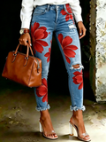 Women's Vintage Red Floral Print Ripped Skinny Jeans