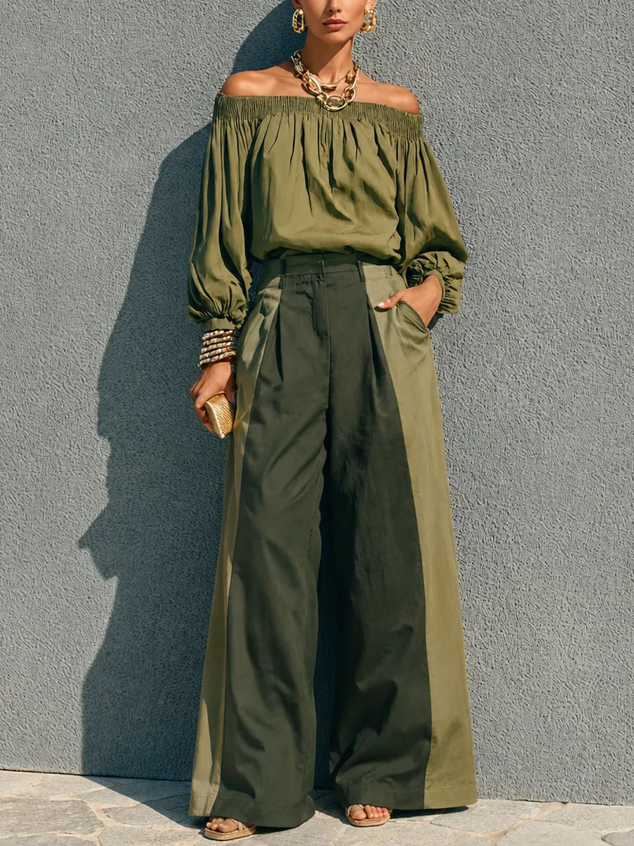 Women's Casual Military Green Cotton Blend Off Shoulder Lantern Sleeve Color Block Wide Leg Trousers Set MDZ0103G1GMJ