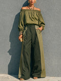 Women's Casual Military Green Cotton Blend Off Shoulder Lantern Sleeve Color Block Wide Leg Trousers Set MDZ0103G1GMJ