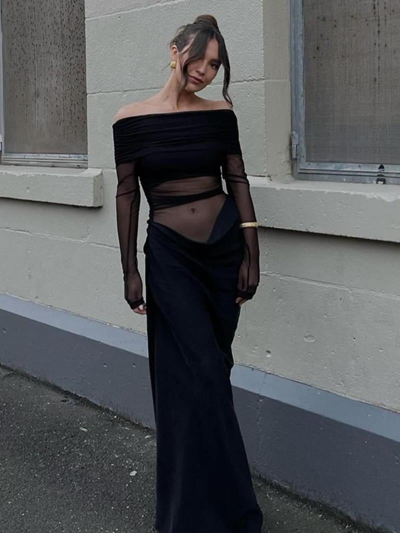 Solid color off-the-shoulder pleated transparent mesh dress