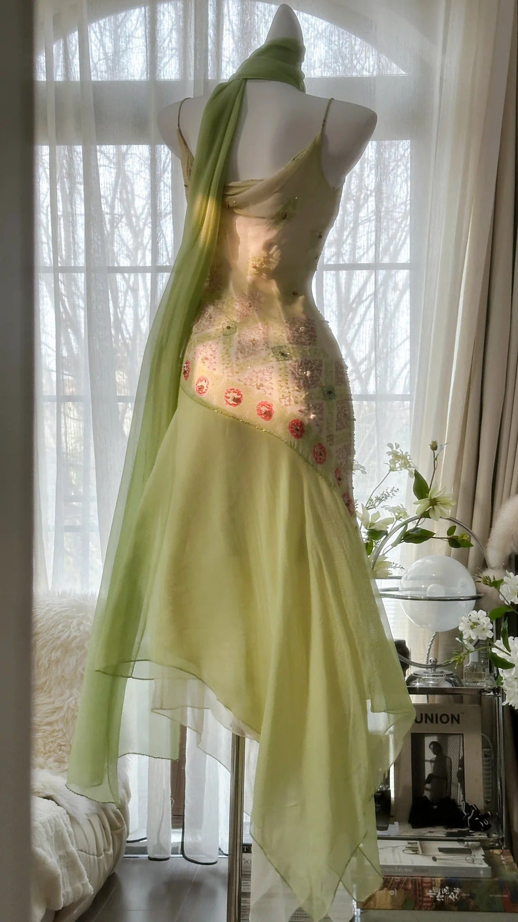 Green Elegant Romantic Delicate Floral Beading Spaetti Strap Long Chiffon Homecoming Ball Gown Evening Dress Birthday/Wedding Guest/Holiday Party Dress Prom Dress 4024