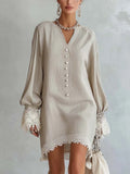Apricot Button Front Midi Dress With Lace Patchwork Cuffs And Hem