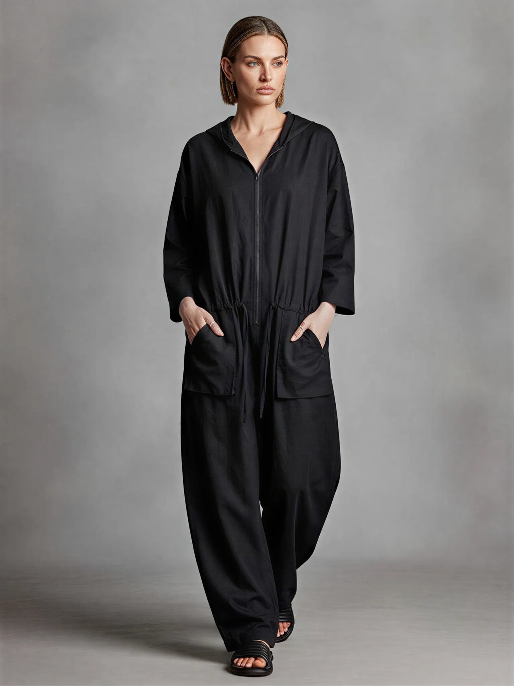 Women's Black Linen Blend Jumpsuit With Hood Full Zip Front & Drawstring Waist, Minimalist Loungewear Oversized Wide Leg Jumpsuit MDZ0710G3LYL