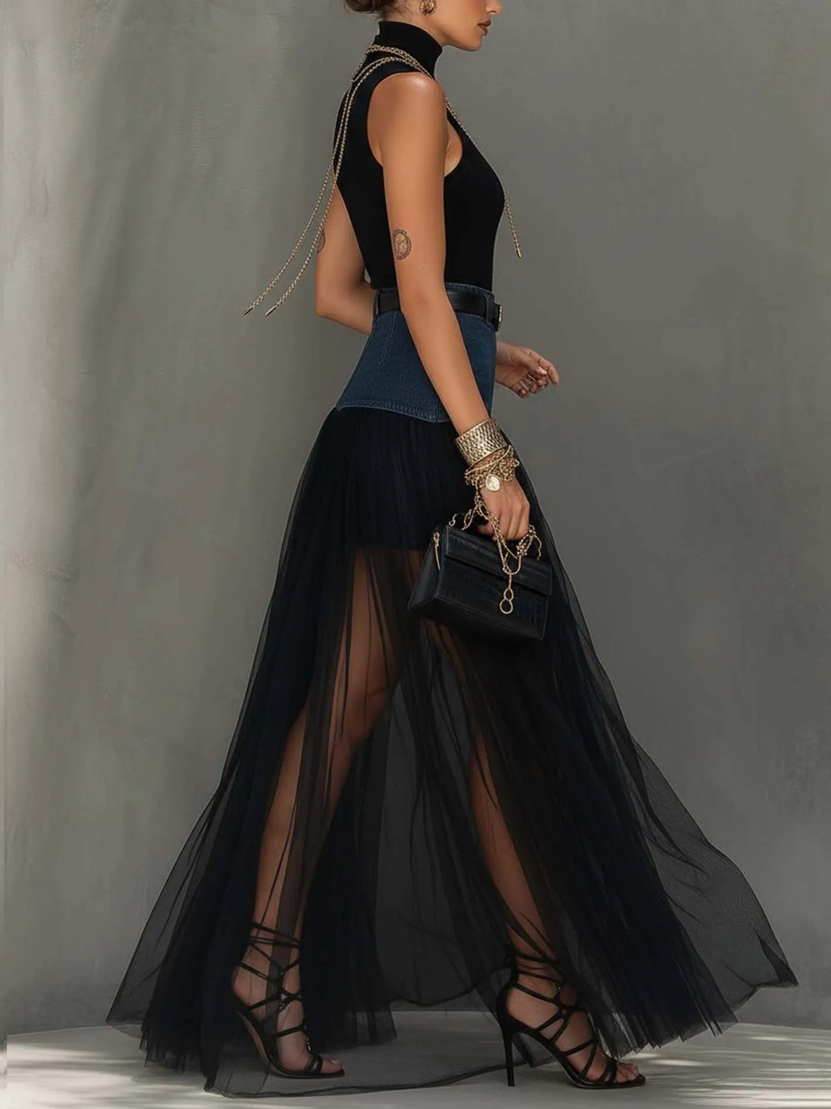 24-Hour-Shipping Black Denim Patchwork T-Shirt And Mesh Maxi Skirt Set With Side Slit