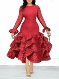 Round-Neck Lace Long Sleeve Empire Falbala Slim Midi Dress