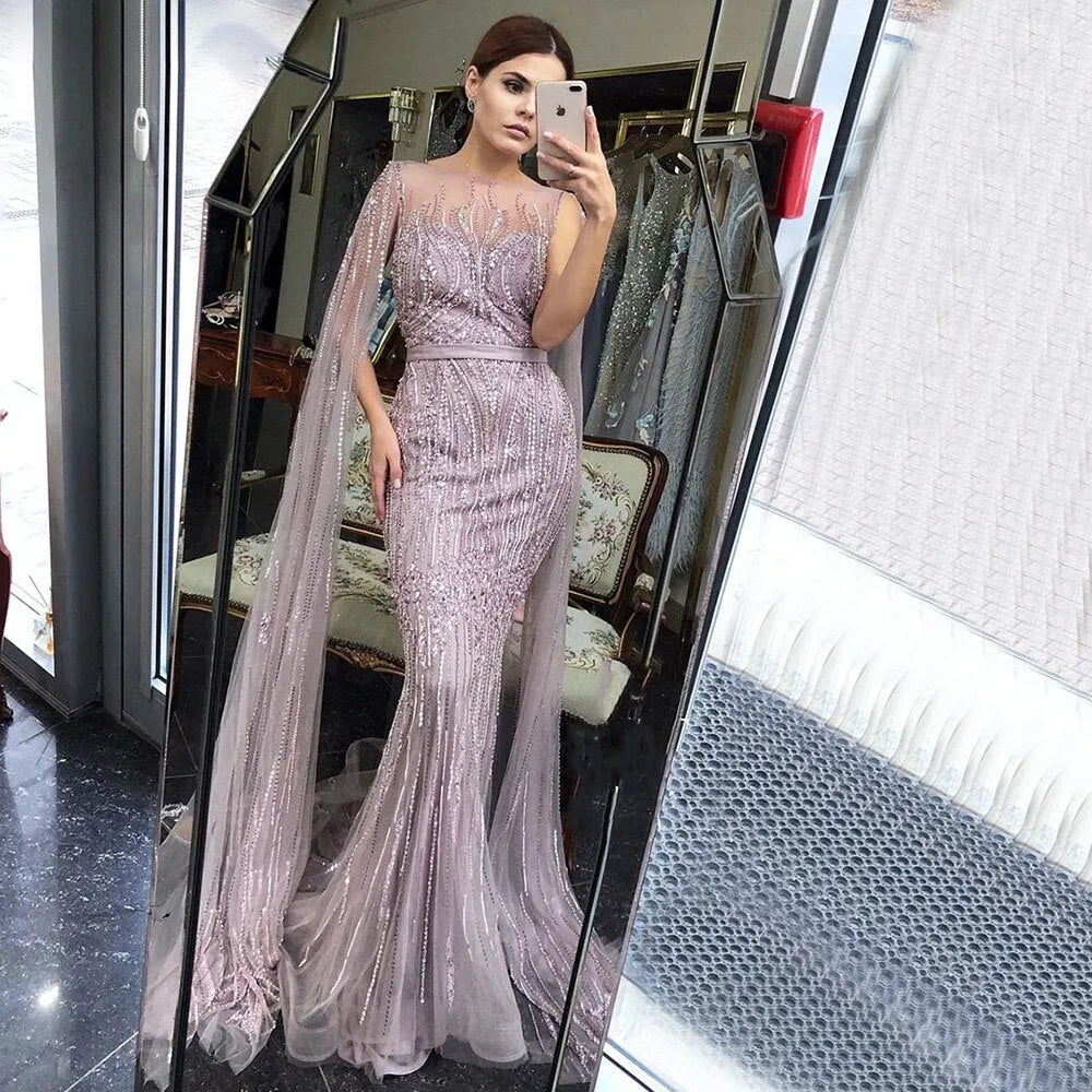 Dreamy Vow Luxury Dubai Pink Mermaid Evening Dress with Cape Sleeve Arabic Gold Formal Dresses for Women Wedding Party 024