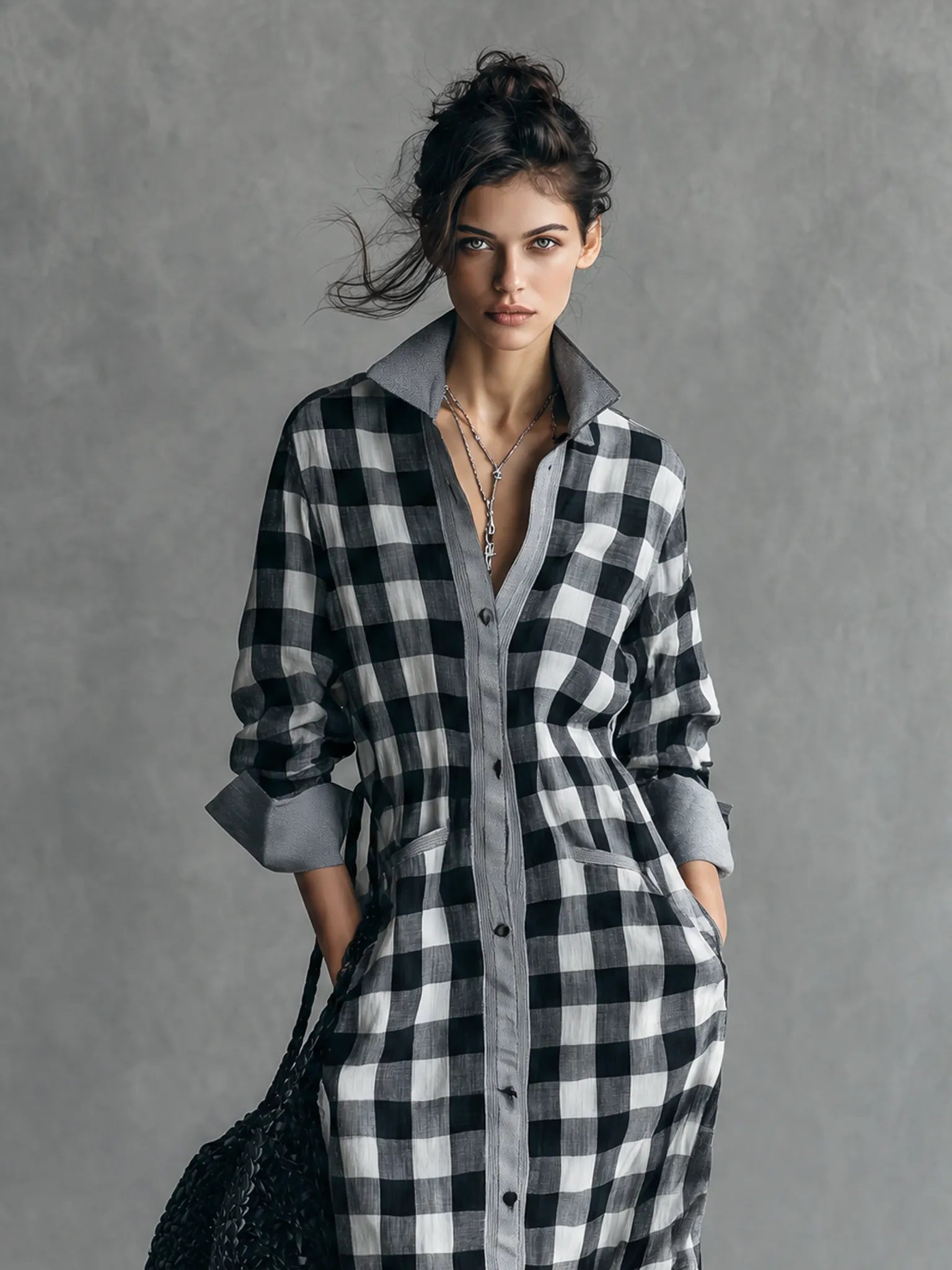 Women's Minimalist Plaid Color-Block Single-Breasted Long-Sleeve Maxi Dress MDZ2021G1WY