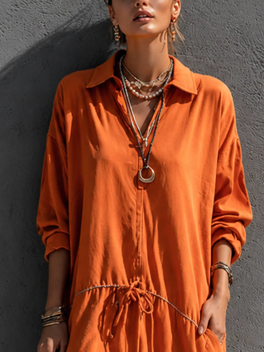Women's Vacation Casual Orange Cotton Blend Lapel Drawstring Waist Irregular Midi Dress MDZ1019G8GMJ