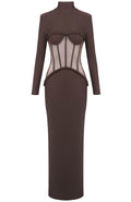 Long Sleeve Structured Mesh Maxi Dress Brown