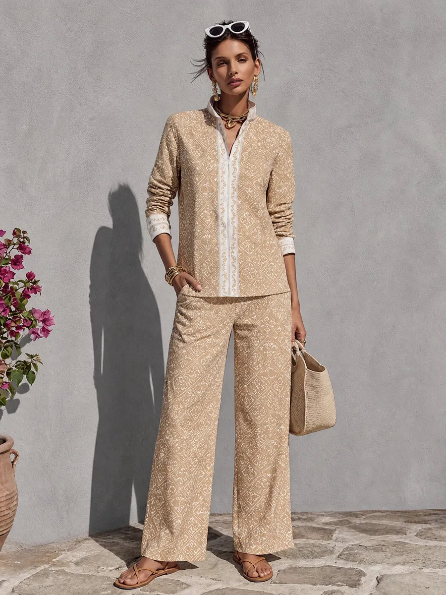 Women's Relaxed Resort Style Khaki Cotton Blend Diamond Print Stand Collar Long Sleeve Wide Leg Long Pants Set MDZ0258G8GMJ