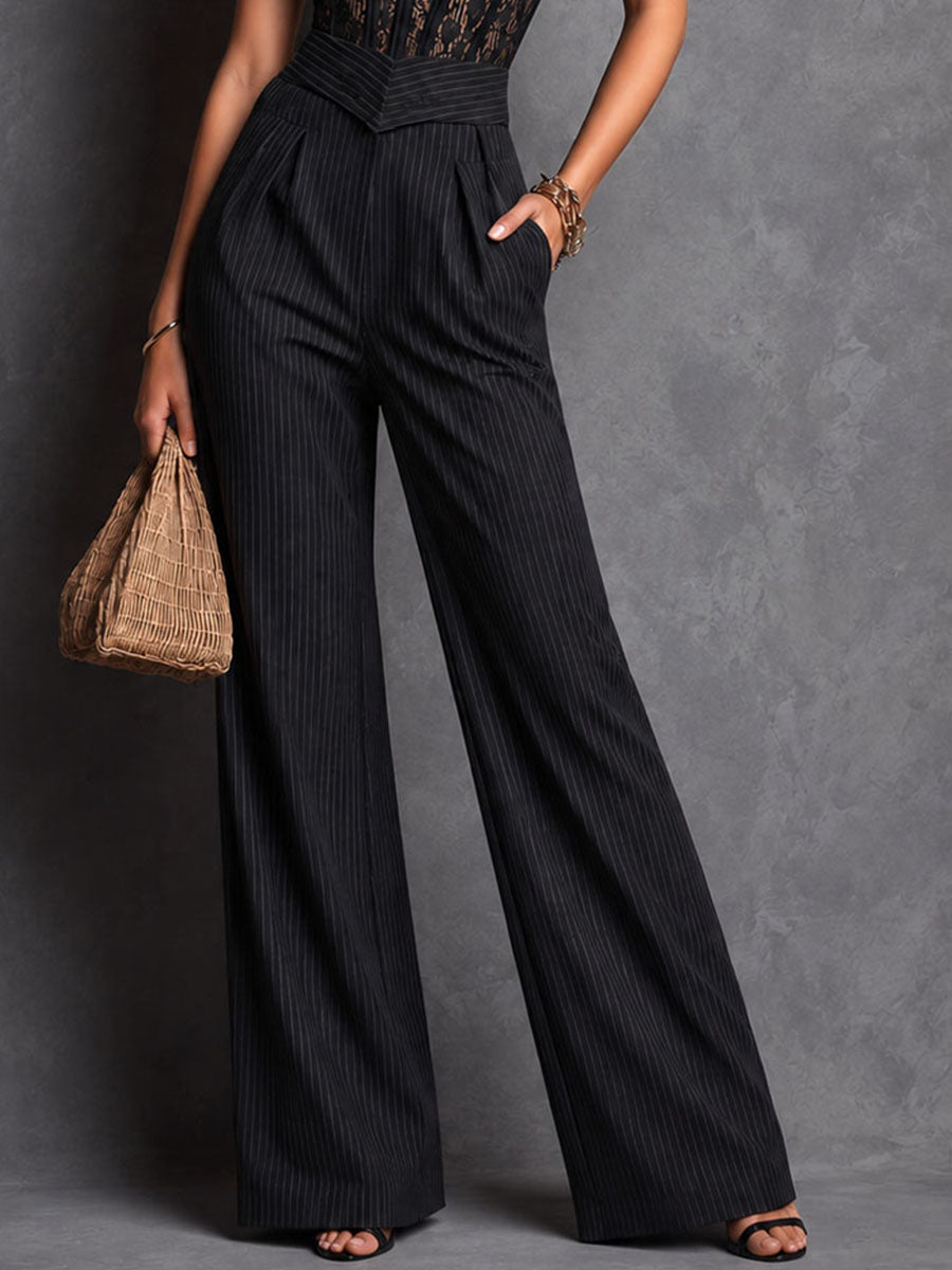 Retro Elegant Charcoal Pinstripe Lace Corset Wide-Leg Jumpsuit