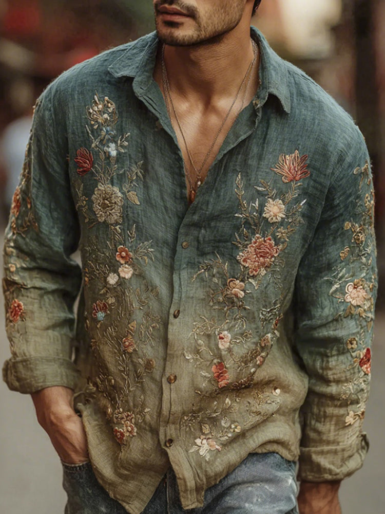 Men's Bohemian Retro Floral Print Long-sleeve Linen Shirt