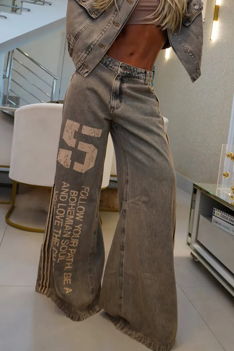Women Stand Up Collar Denim Jacket or Printed Letter Wide Leg Jeans