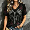 Women's Dark Rose Skull Design Short-sleeve V-neck T-shirt