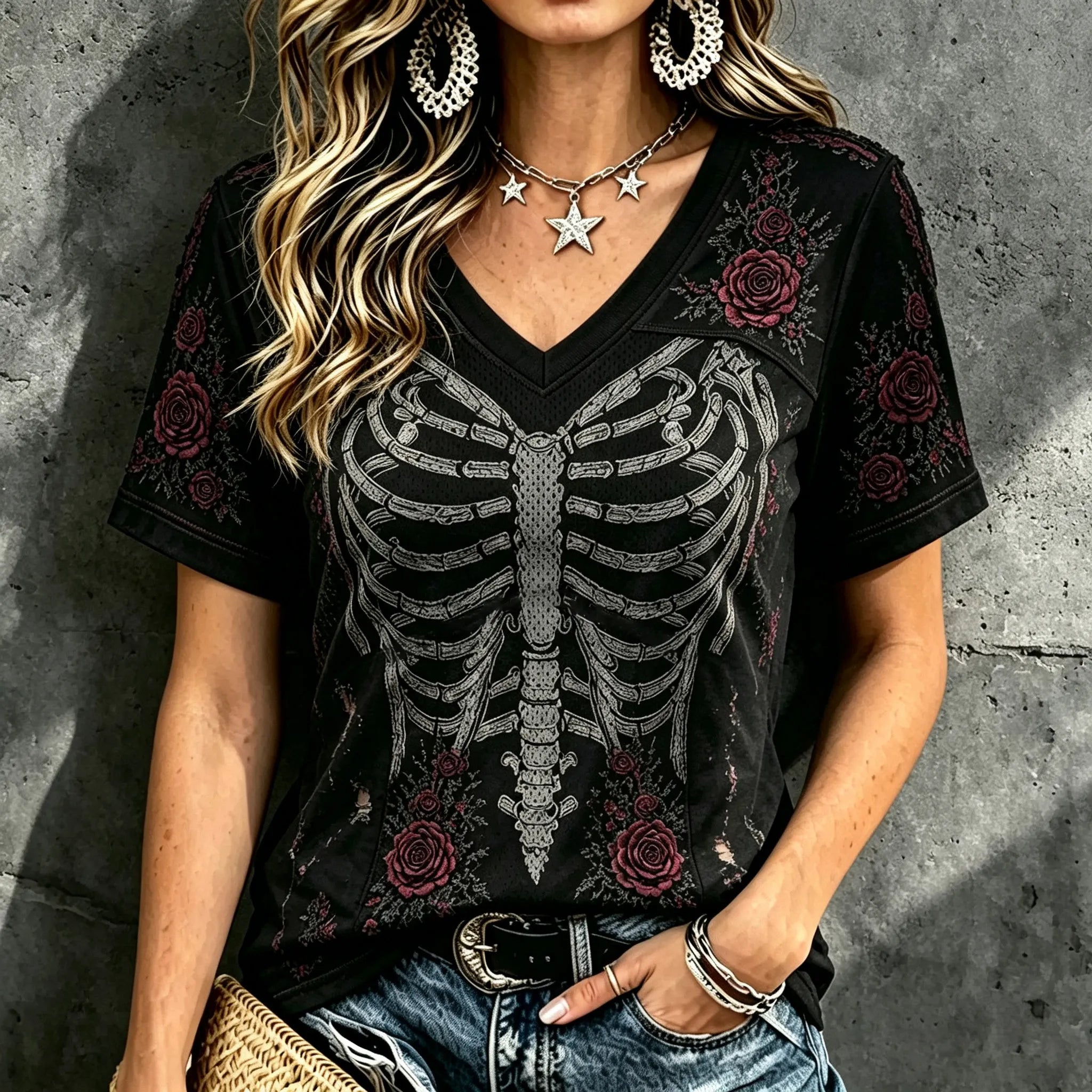 Women's Dark Rose Skull Design Short-sleeve V-neck T-shirt