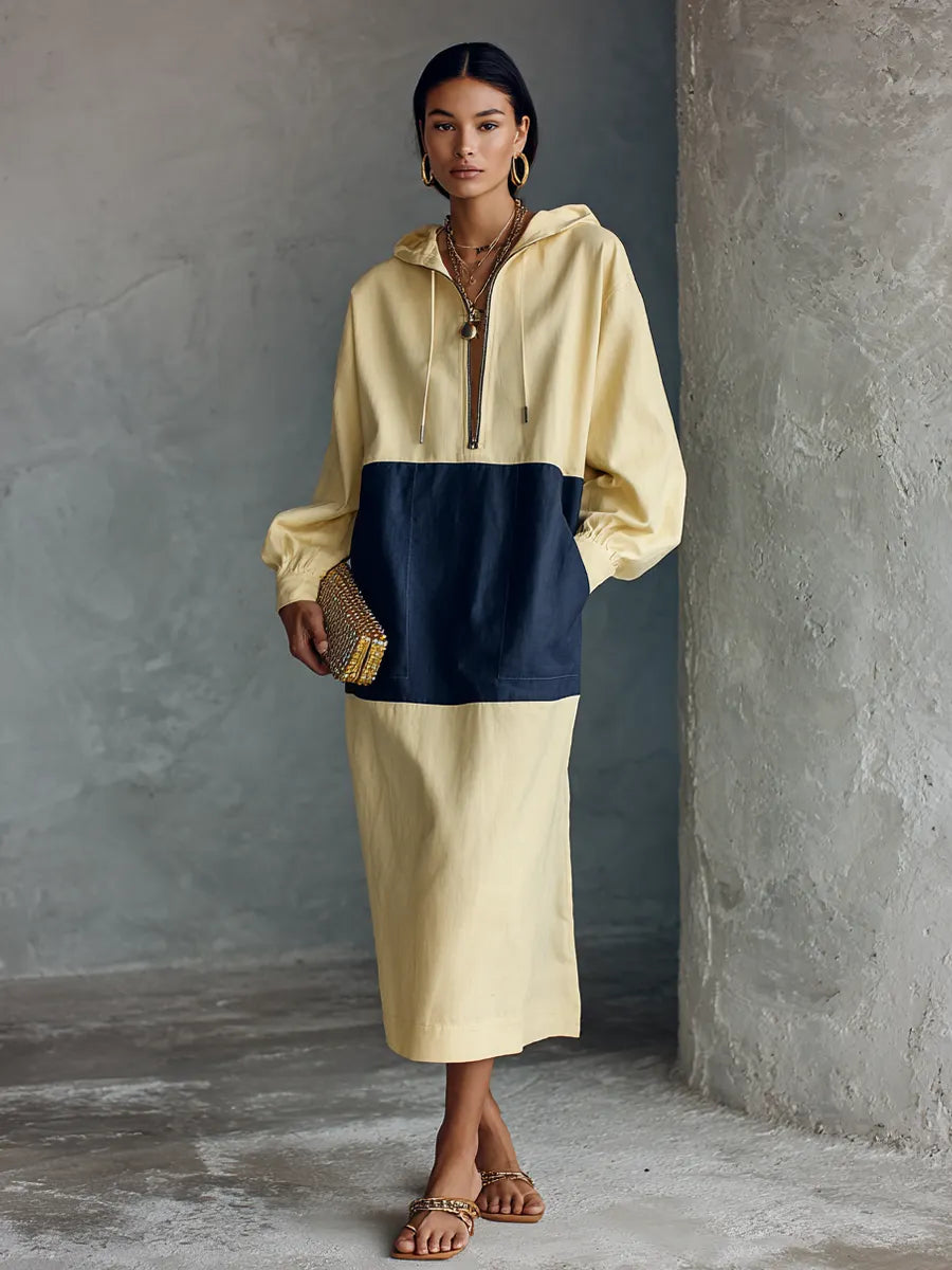 Women's Minimal Casual Pale Yellow Spliced Navy Cotton Blend Half Zip Hooded Long Sleeve Midi Dress MDZ1460G6GMJ