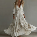 Women's Vintage White Flowers Embroidery Art V-neck Maxi Dress