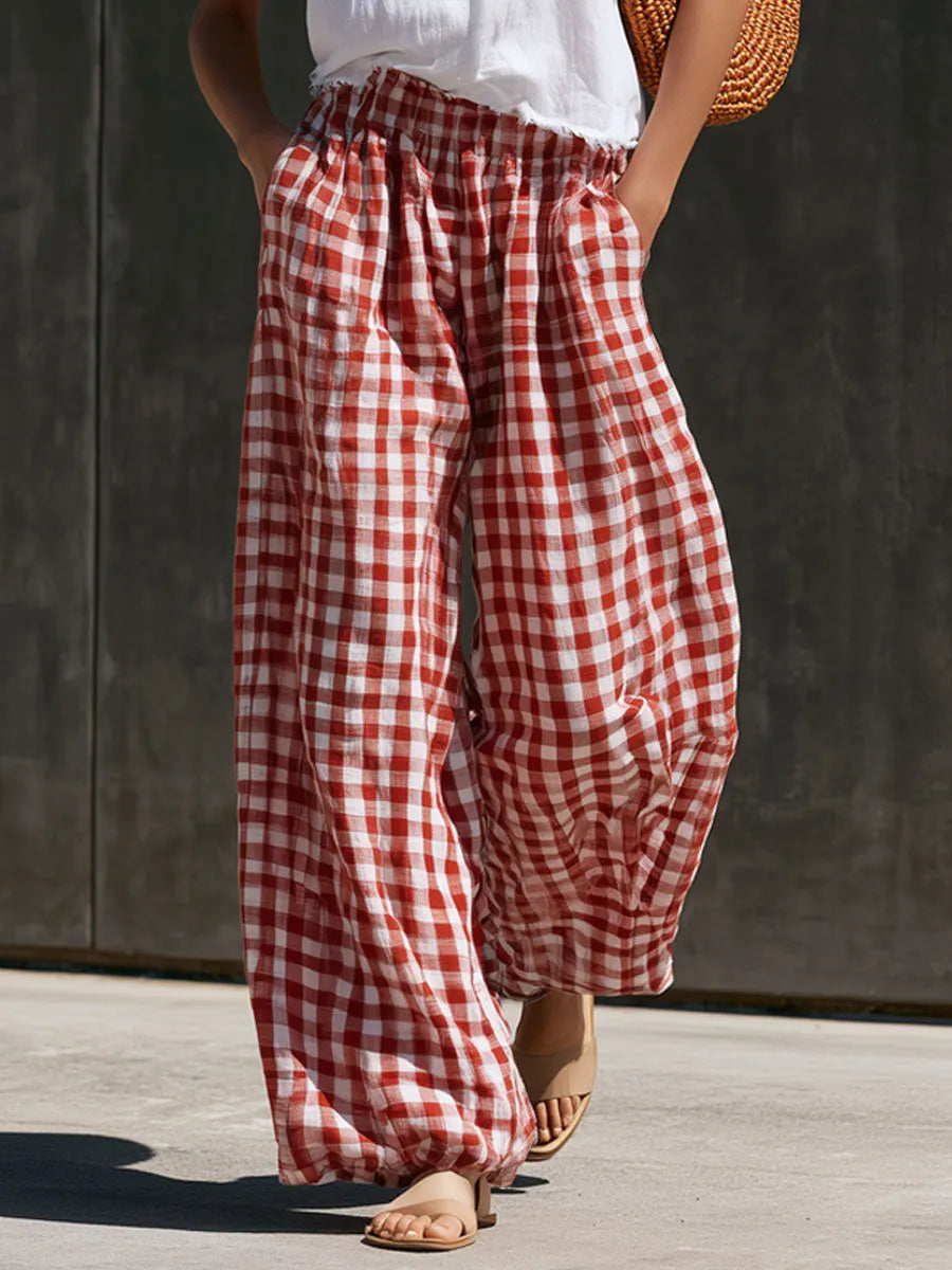 Casual Retro Short-sleeved T-shirt And Red And White Checkered Cotton Linen Pants Set