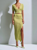 Women's Chic Lime Green Ribbed Knit V-Neck Button-Front Short Sleeve Cropped Cardigan And Side Slit Midi Skirt Two-Piece Set MDZ1376G2ZSQ