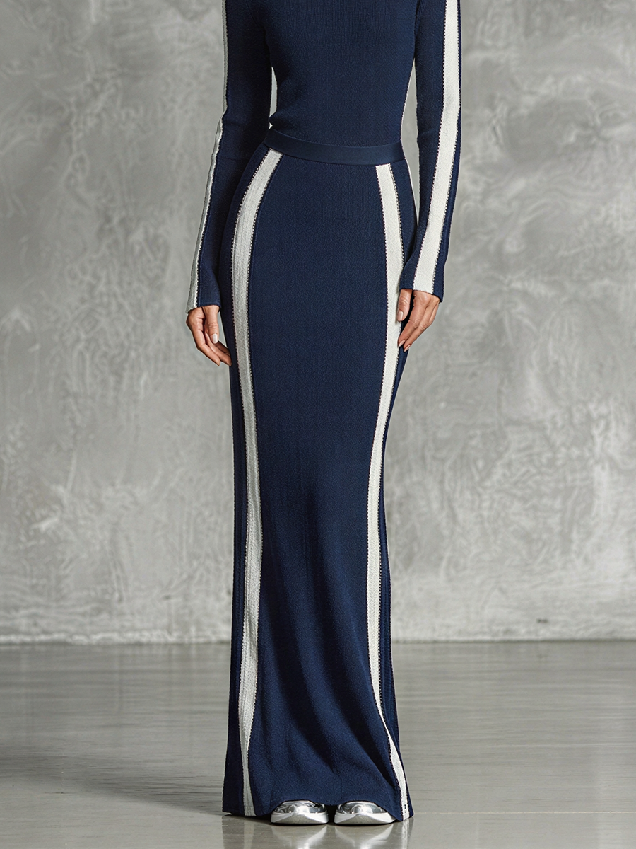 Women's Dark Navy Vertical Stripe Stretch Knit Matching Outfit With Slim Turtleneck Top & Fitted Maxi Skirt, Versatile Fashion Knit Two Piece Set MDZ2423G9LYL
