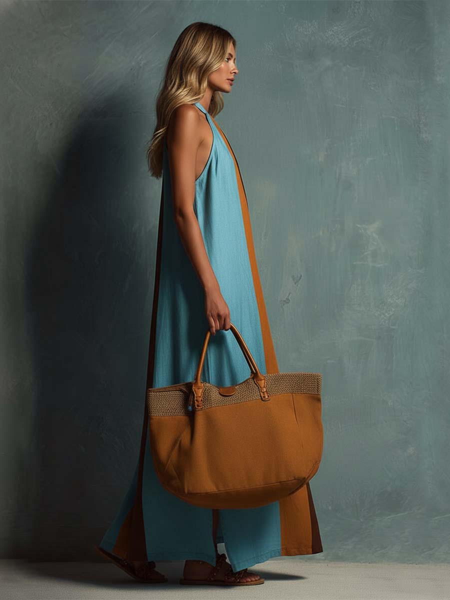 Retro Bohemian Halter Neck Blue And Brown Color-blocked Cotton And Linen Maxi Dress