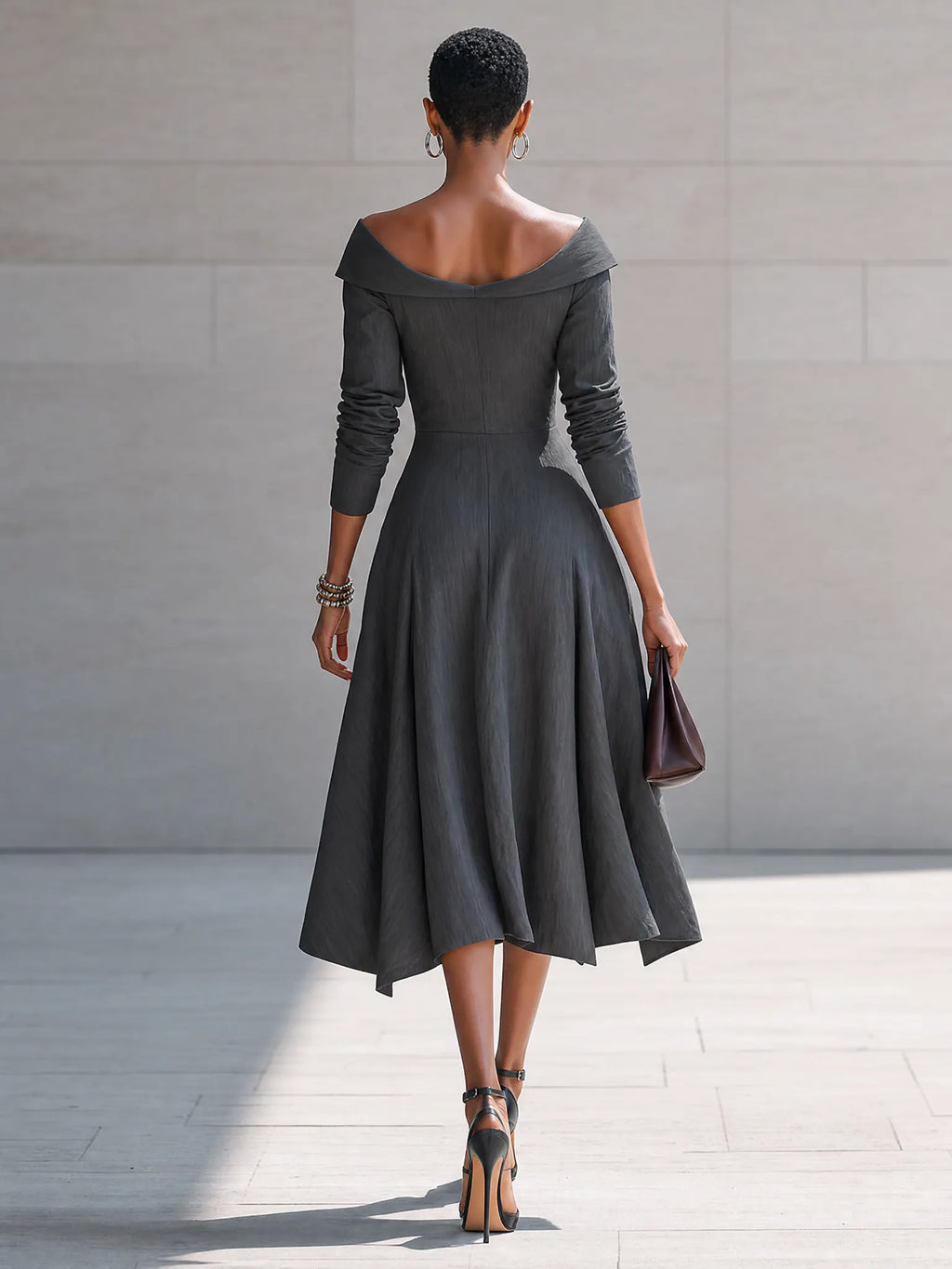 Women's Minimalist Solid-Color Cotton-Linen Off-Shoulder Button-Front Midi Dress MDZ1094G5ZRK