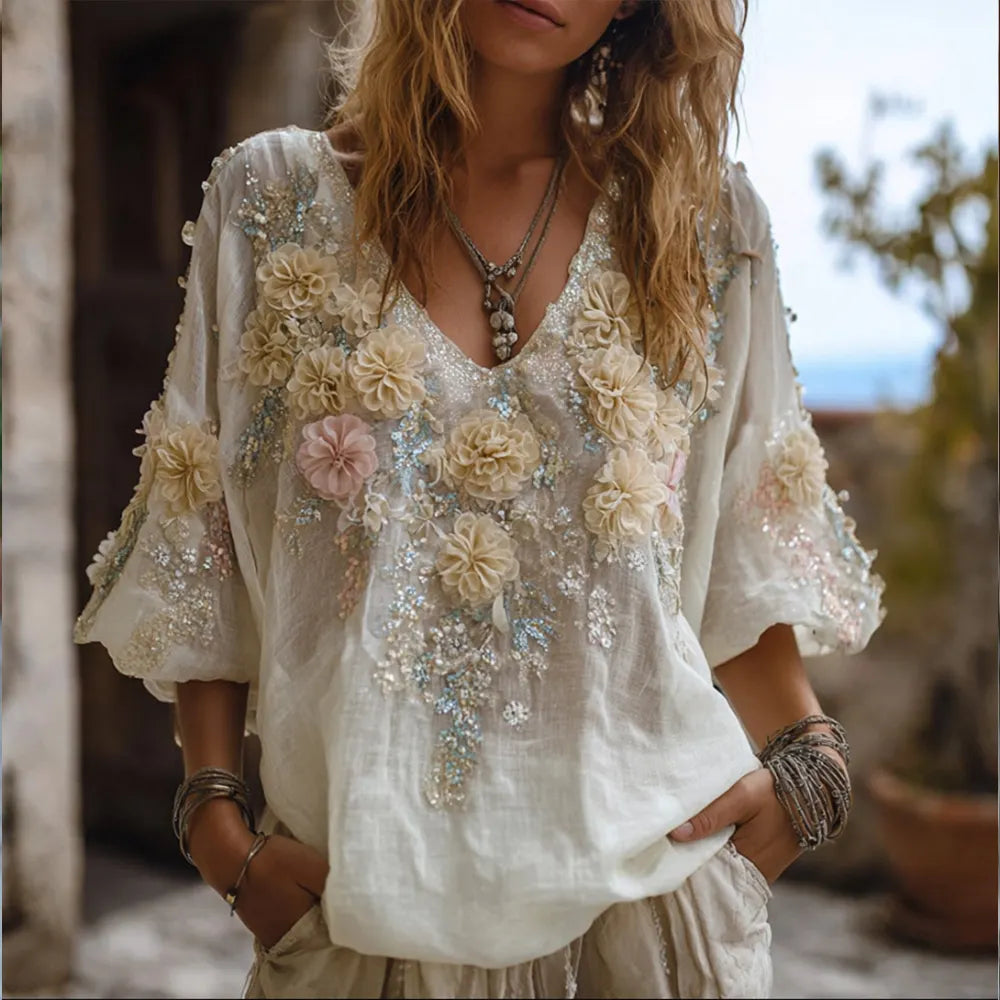 Women's Vintage Embroidered Flower Long-sleeved Casual Top