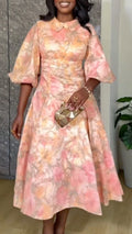 Pink Tie Dye Puff Sleeve Peter Pan Collar Button Front A-Line Midi Dress