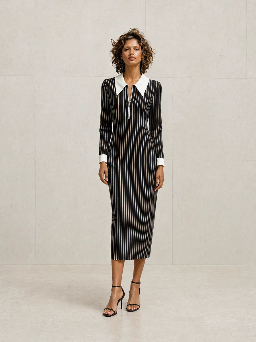 Women's Elegant Modern Black Pinstripe White-Collar Zip Long-Sleeve Fitted Midi Dress MDZ1593G3CMX